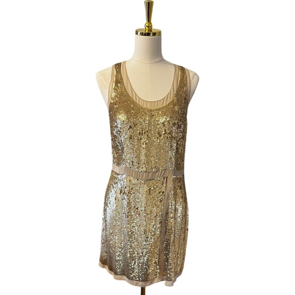 Club Monaco Gold Sequin Silk Sleeveless Cocktail Party Holiday Dress Size 2